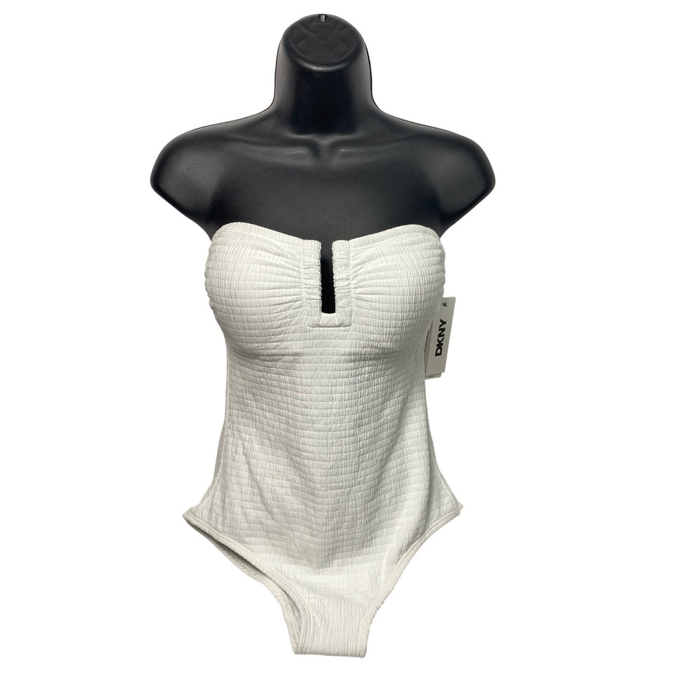 DKNY One Piece Swimsuit Women's Small NWT | White Textured Strapless Swimwear - Picture 2 of 8